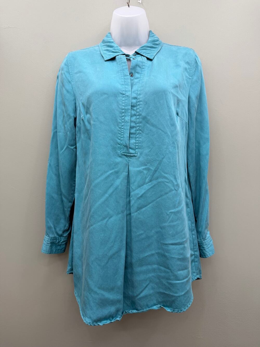 Soft Surroundings Tencel Tunic XS Turquoise Blue Roll Tab Long Sleeve 2AC71